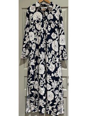 Loft Maxi Dress Women's Large Button Up Blue White Floral Vacation Resort